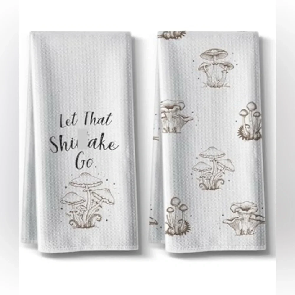Set/2 Funny Mushroom Dishtowels (1/“Let that Shiitake Go” + 1/Print), White, Tan